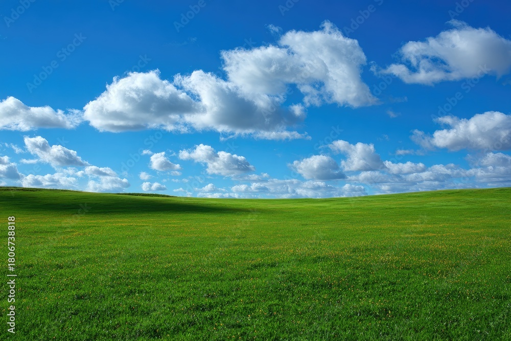 Naklejka premium Vast, vibrant green field under a vibrant blue sky dotted with puffy white clouds. A gentle slope stretches across the entire image