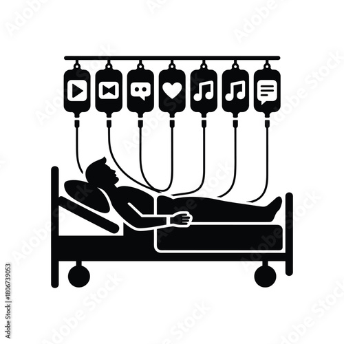 Addiction to Social Media Concept – Person Connected to Digital IV Drips Illustration
