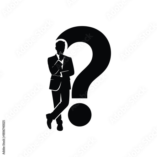 Businessman Silhouette Leaning on Question Mark Symbol – Decision, Doubt, Problem-Solving Concept