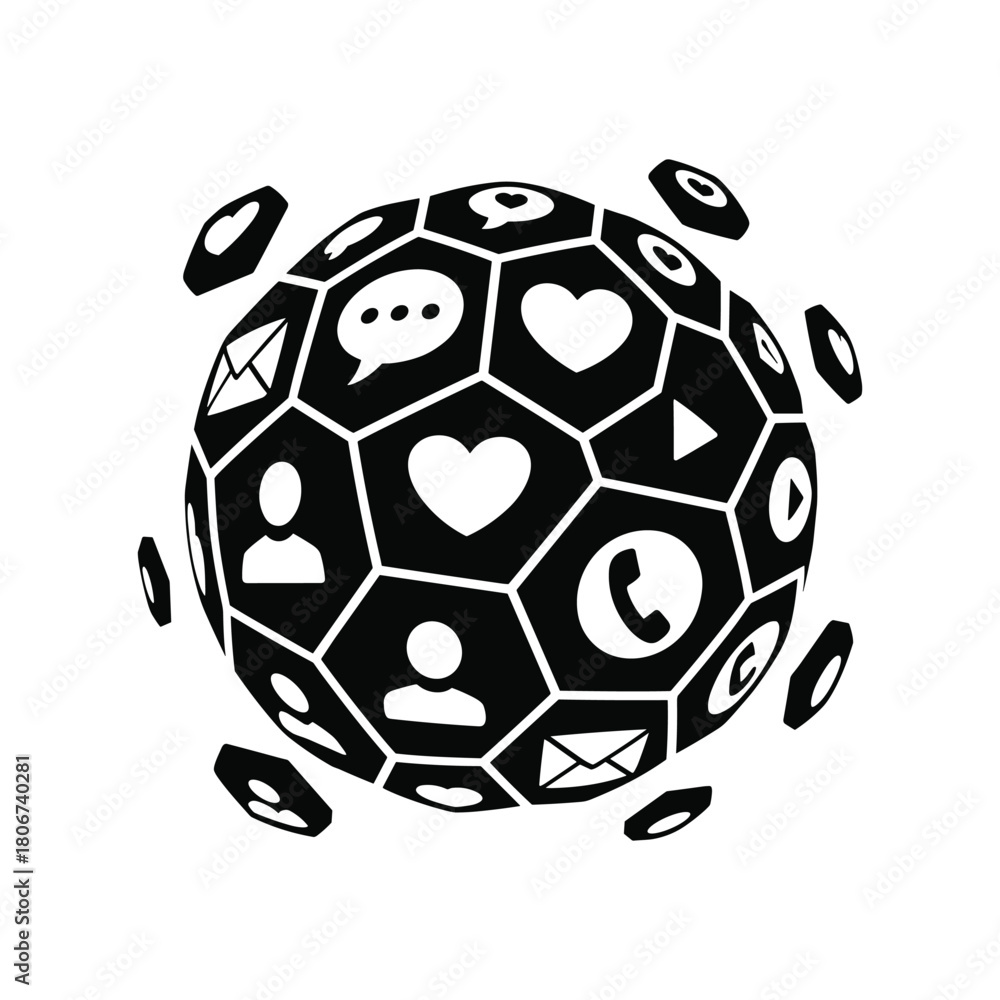 Obraz premium Social Media Sphere Icon with Communication, Chat, Heart, User and Message Symbols