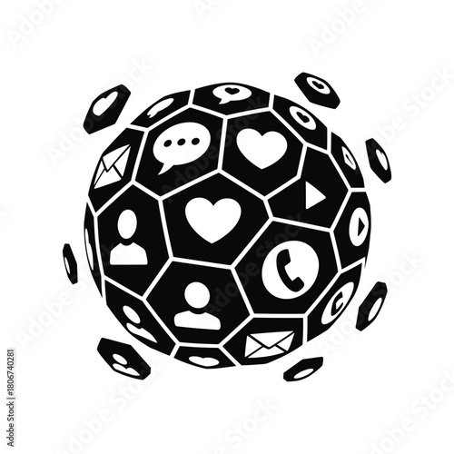 Social Media Sphere Icon with Communication, Chat, Heart, User and Message Symbols