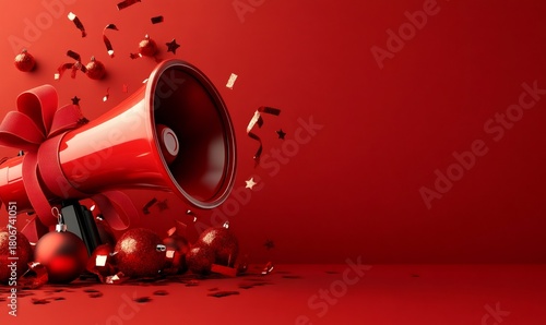 Red megaphone tied with a festive ribbon, celebrating a christmas or new year's announcement with scattered ornaments and confetti