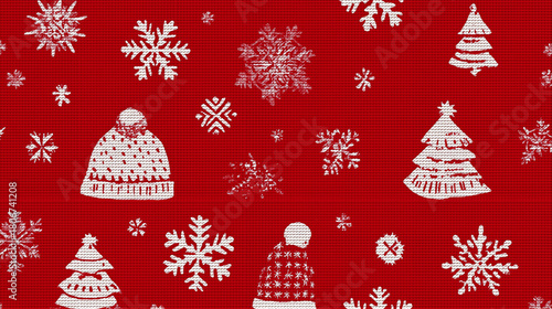 Seamless red and white pattern with snowflakes, hats, and Christmas trees.