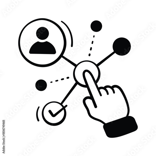 Hand interacting with digital elements, doodle icon of user engagement