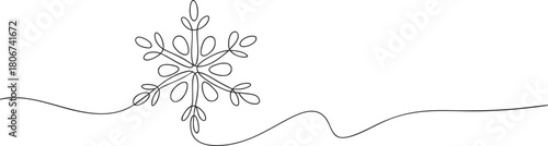 continuous single line snowflake drawing with delicate geometric symmetry and flowing curved stem in elegant outline vector illustration