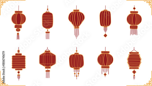 A hand drawn collection of ten traditional red Chinese lanterns with various shapes and decorative tassels, set against a white background.