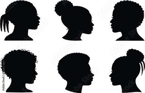 Hair silhouette, profile diversity, black graphic, vector illustration, textured hairstyle, cultural identity, afro bun braid curl, beauty icon, styleHair silhouette, profile diversity, black graphic,