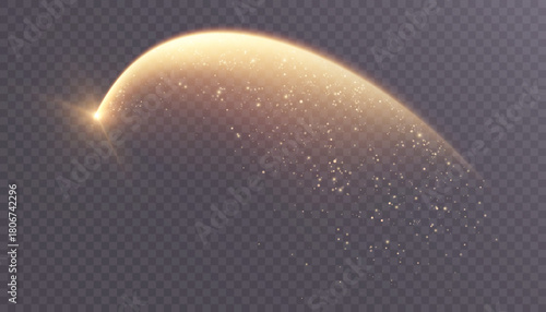 A golden arc of light with a soft glow and sparkling particles, creating a vibrant, dynamic trail. A vector-based glowing comet for overlays, magical flares, and fantastical magical effects.