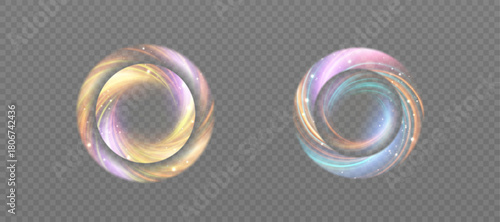 Soft, glowing rainbow rings with flowing swirls and delicate pastel highlights on a transparent background. A vector-based, magical circular glow effect for overlaying elegant visual compositions.