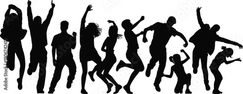 Group of joyful people jumping in silhouette, celebration energy concept, happy crowd dancing together, dynamic movement illustration background