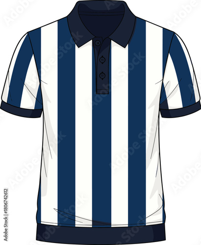 Navy and white vertical striped polo shirt vector illustration, men's short sleeve casual fashion apparel design, classic sporty top mockup for retail.