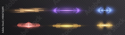 Light pulses for technological interfaces with symmetrical beams of light in different colors. Futuristic horizontal light elements for HUD panels and digital instrument clusters on a dark background.