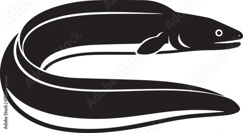 Black silhouette of a curled eel on a white background