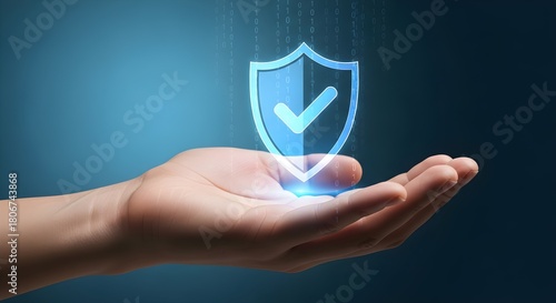 Hand Holding Shield with Check Mark Security, Protection, and Digital Assurance