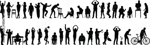 Large diverse collection of human silhouettes in various poses, activities, gestures, movement, communication, lifestyle actions, work, leisure, and interaction