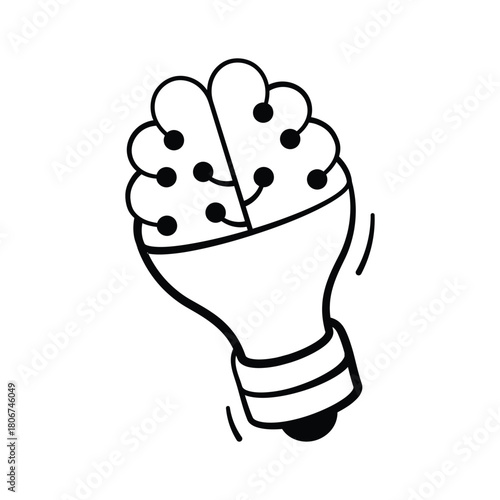 A lightbulb with neural nodes, Creative AI idea concept icon