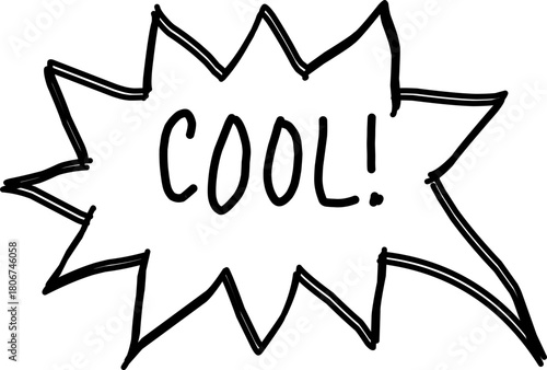 Hand-drawn comic-style burst with the word “COOL!” in bold sketch lines. A fun black-and-white doodle perfect for reaction designs, creative graphics, and playful messages.
