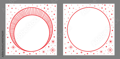Set of two round red frames. White cloud under text in middle of frame. Snowflakes and stars. Festive mood. Christmas, New Year. Flat vector design. Isolated on  gray background.