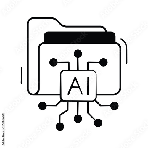 Folder icon with AI tech circuit for machine learning file storage, hand drawn icon