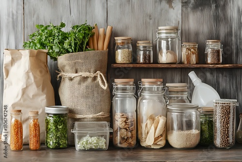 Organizing healthy food ingredients in reusable glass jars, paper bags, and containers, promoting eco-friendly and plastic-free living