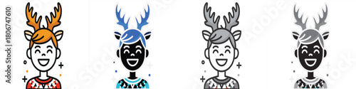 Happy girl with reindeer antlers cheerful holiday character – icon set multiple style collection