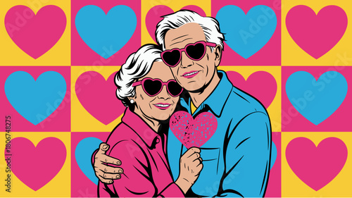 Senior couple in heart sunglasses smiling and hugging on colorful pop art heart background.