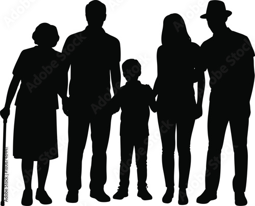 Silhouette multigenerational family standing together in unity showing diversity love support connection community bond in simple black