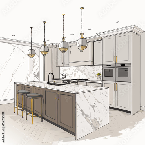 Luxury Kitchen Design: Large Marble Island, Gold Accents & High-End Appliances
