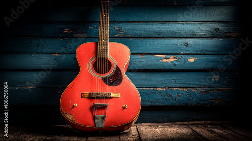 Close up classic guitar orange color is leaning against a wooden wall.