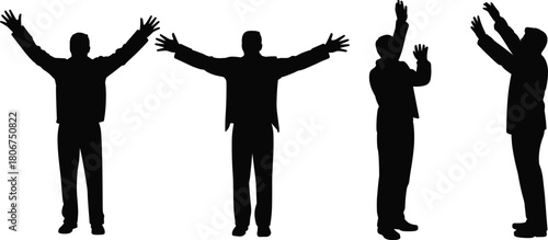 Silhouette group of men raising arms in expressive standing poses showing greeting, celebration, communication, gesture, openness, interaction, human movement