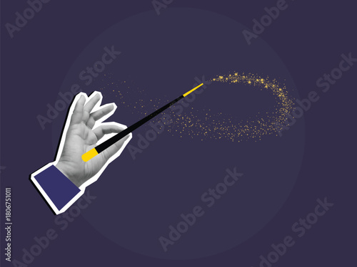 Black and white hand holding a magic wand with a trace of movement in the form of a swirl of gold dust. Wave of the magic wand. Modern collage style. Vector illustration