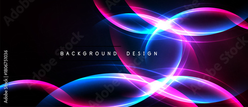 Abstract neon lines create dynamic glowing shapes over dark background. Bright colors suggest energy, movement, futuristic style.