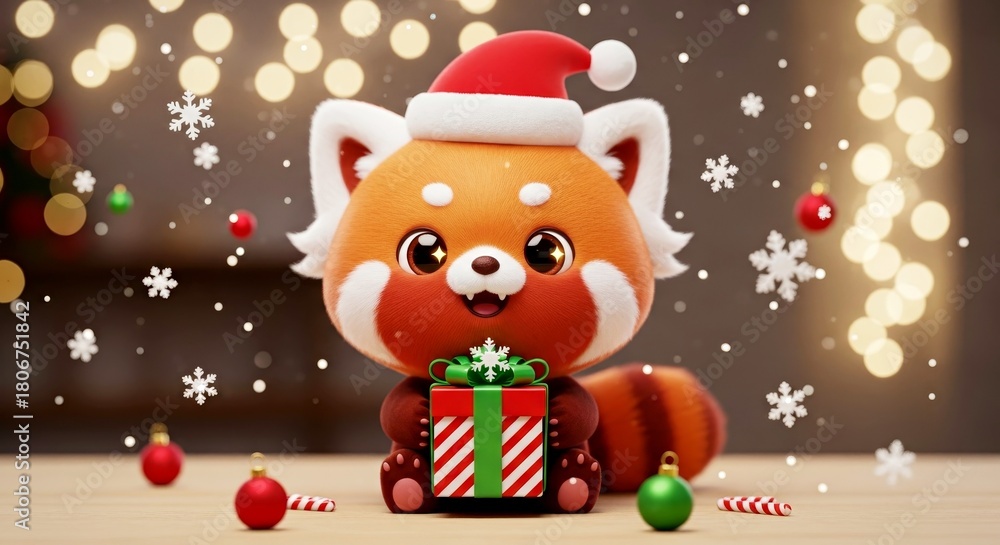 Fototapeta premium Cute red panda wearing Santa hat holding gift box with decorations 