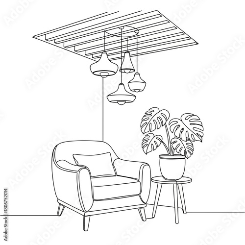 Cozy interior sketch with armchair, monstera plant, and pendant lights isolated on minimalist line art for modern home decor