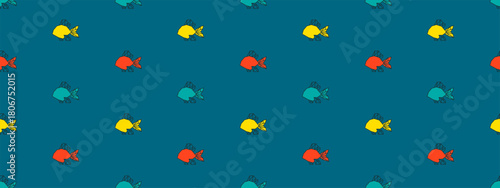 Seamless pattern with cute fishes swimming in the sea. Cartoon summer background ocean animals. Cute kid pattern with fishes