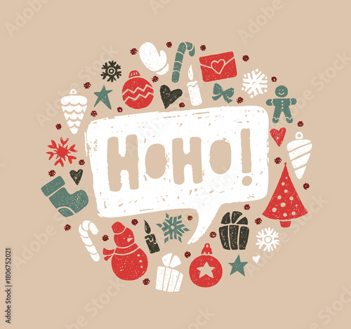 Christmas background with crayon winter icons and speech bubble with Ho-ho santa text. Holiday banner with Xmas tree balls, snowman, candy cane, candle and bow with chalk texture, vector illustration
