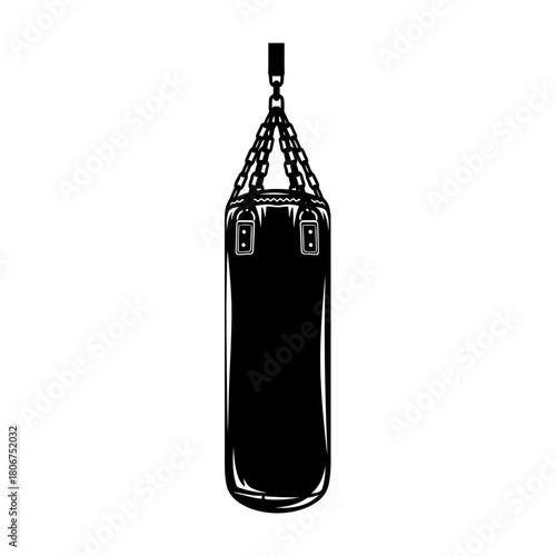 Illustration of a black punching bag suspended from a chain, isolated on, perfect for boxing, fitness, or martial arts themes
