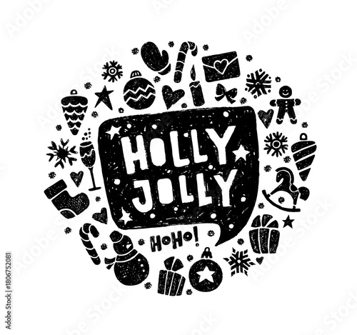 Christmas background with crayon winter icons and speech bubble with Holly Jolly text. Holiday banner with Xmas tree balls, snowman, candy cane, candle and bow with chalk texture, vector illustration