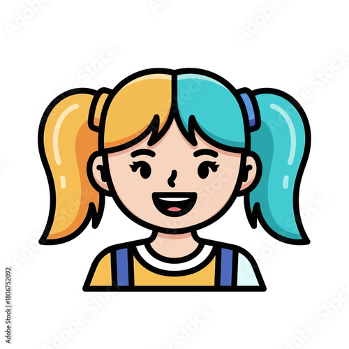 A cheerful cartoon girl with half yellow and half blue pigtails smiles isolated on, radiating positivity and youthful charm