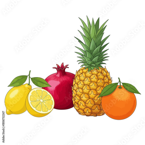 A vibrant still life of assorted fruits, including pineapple, pomegranate, lemon, and orange isolated on fresh and colorful