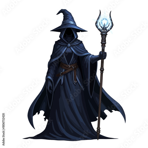 A mysterious wizard in a robe and hat holding a staff isolated on