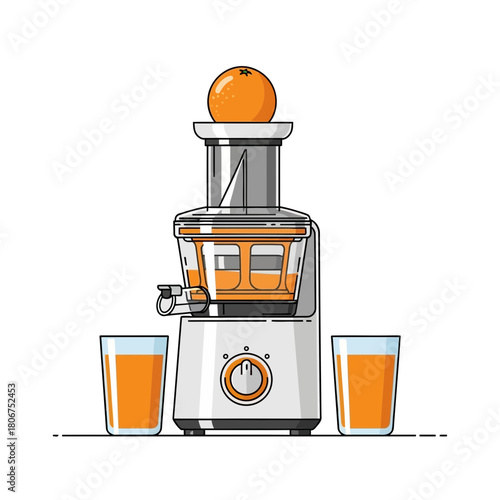 Orange juice preparation with electric juicer and two glasses isolated on healthy lifestyle and vitamin drink concept