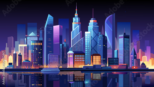 Very beautiful panoramic night view of Manhattan, New York City, featuring a glittering skyline with illuminated skyscrapers, glowing streets, and reflections shimmering on the water under a dark sky.