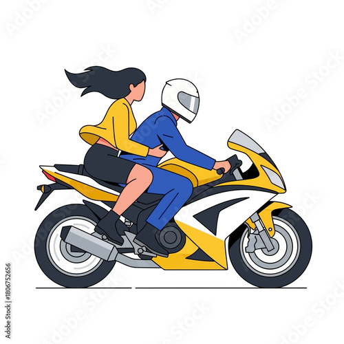 A couple riding a yellow and white sports motorcycle isolated on the woman is holding onto the man as they ride down the road