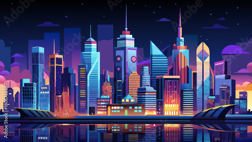 Very beautiful panoramic night view of Manhattan, New York City, featuring a glittering skyline with illuminated skyscrapers, glowing streets, and reflections shimmering on the water under a dark sky.