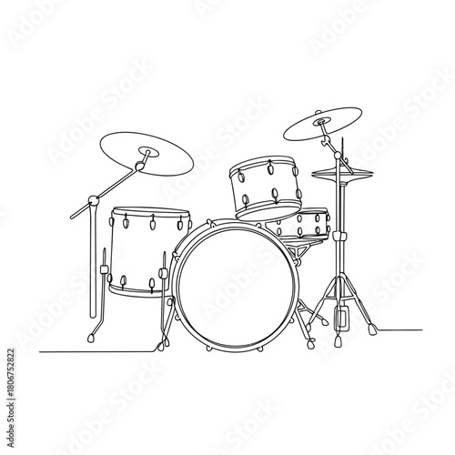 Continuous line drawing of drum set, a musical instrument for rock band performance, isolated on vector illustration