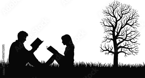 Silhouette of people reading outdoors, relaxing under tree, peaceful nature study scene, sitting on grass, quiet learning moment