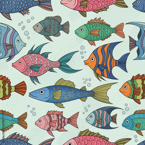 A whimsical pattern of colorful fish swimming in a vibrant underwater world, creating a playful and lively scene