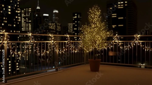“Urban Holiday Magic: Lit Tree on Rooftop with NYC Skyline Glow | Modern Christmas Aesthetic | Perfect for Travel, Real Estate & Luxury Campaigns”

