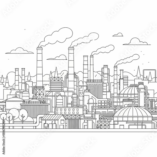 Detailed line art illustration of a sprawling industrial complex with smoking chimneys, capturing the essence of urban manufacturing and energy production
